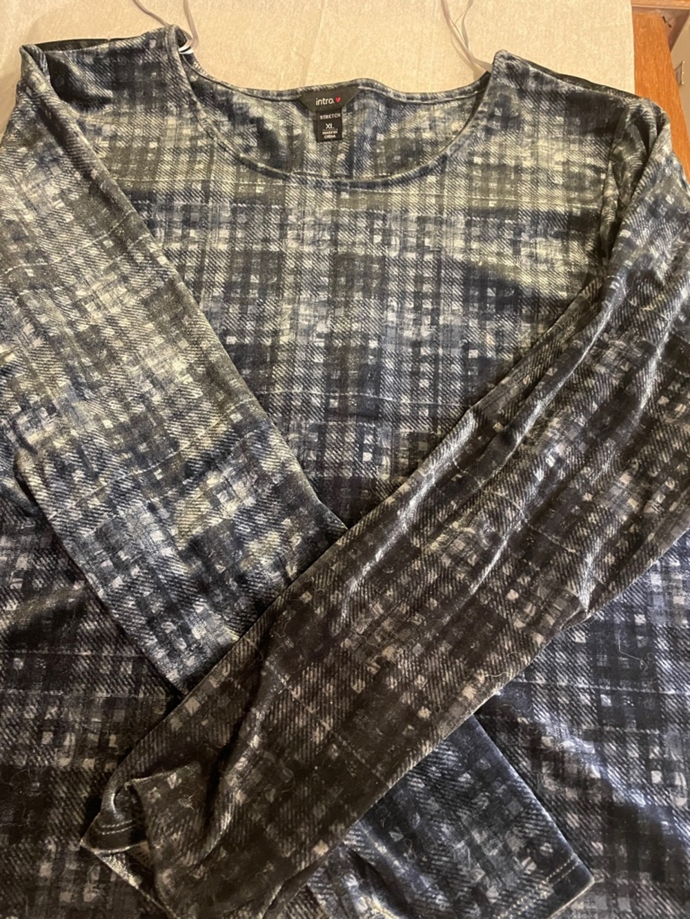 intro. Charcoal Plaid Scoop Neck Long Sleeve Top